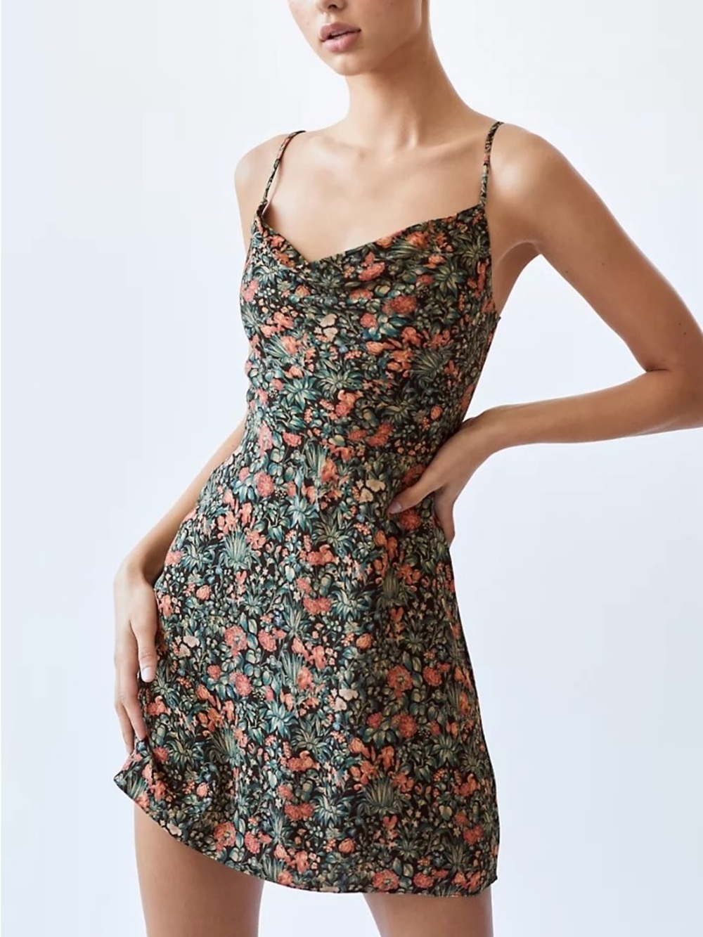 Sunday Best Floral Cowl Slip Dress in Deep Green and Coral